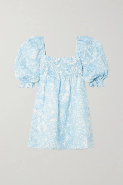 Faithfull The Brand + Net Sustain Calista Shirred Paisley-print Linen Mini Dress In Light Blue