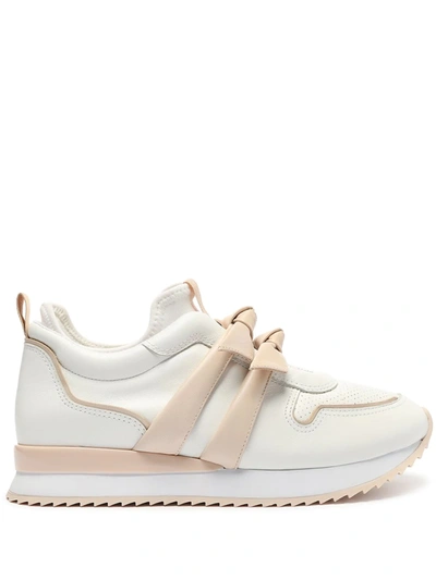 Alexandre Birman Clarita Jogger Bow-embellished Leather And Neoprene Sneakers In White/shell