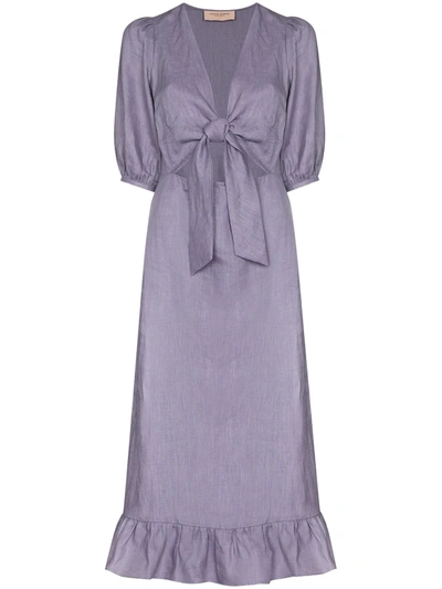Adriana Degreas Purple Tie Front Linen Midi Dress