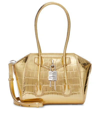 Givenchy Mini Antigona Lock Satchel Bag In Metalizzed Crocodile-embossed Leather In 710 Gold Yellow