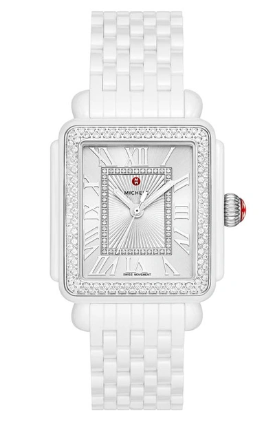 Michele Deco Madison Diamond & White Ceramic Bracelet Watch In Silver