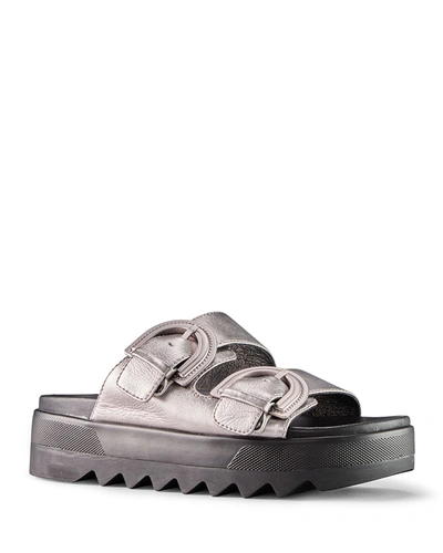 Cougar Pepa Metallic Dual-buckle Slide Sandals In Metallic Silver Leather