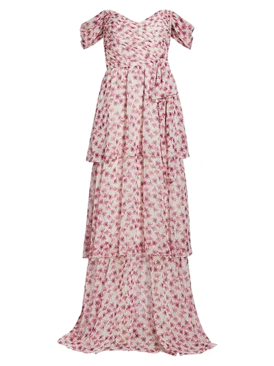 ml Monique Lhuillier Tiered Off-the-shoulder Floral-print Fil Coupé Georgette Maxi Dress In Water Colored Lilies