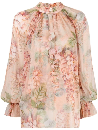 Zimmermann Floral-printr Ruffled Silk Blouse In Blush