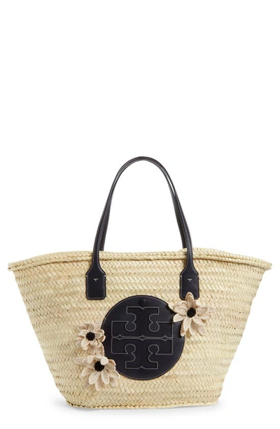 Tory Burch Ella Straw Basket Tote Bag W/ Floral Applique In Natural/midnight
