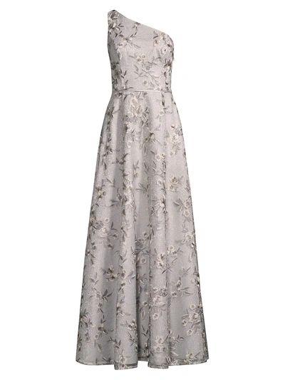 Aidan Mattox One Shoulder Floral Metallic Gown In Silver