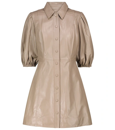 Ganni Leather Puff Sleeve Mini Dress In Beige | ModeSens