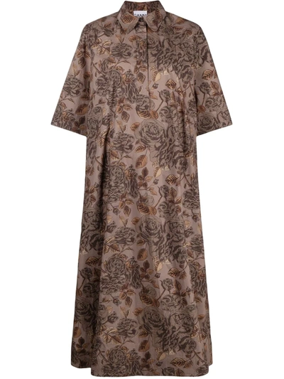 Ganni Leaf-print Organic Cotton-poplin Midi Shirt Dress In Fossil