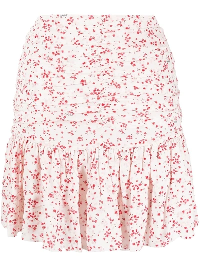 Ganni Ruched Floral Georgette Mini Skirt In White