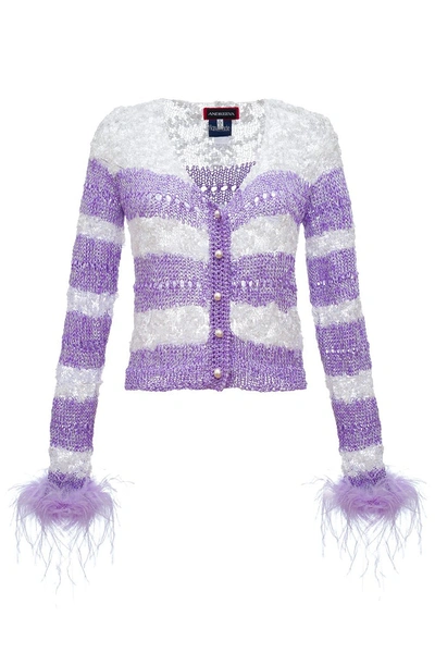 Andreeva Lavender Handmade Knit Jumper With Detachable Feather Details On The Cuffs And Pearl Buttons In Pink/purple