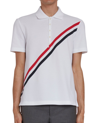 Thom Browne Diagonally-striped Cotton Polo Shirt In White