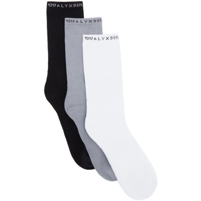 Alyx Three-pack Multicolor Logo Socks In Black-grey-white 145