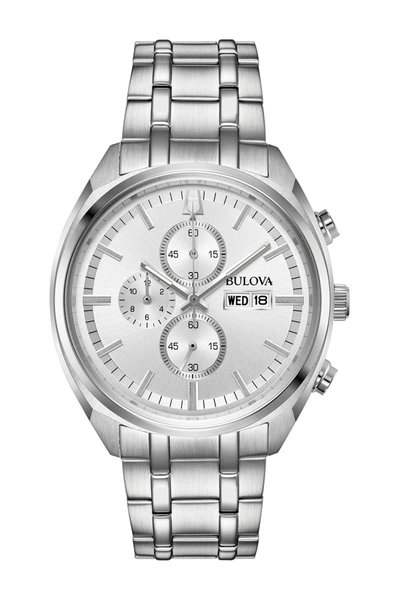 Bulova Chronograph Stainless Steel Silver Dial Bracelet Watch, 42mm In Silver-tone