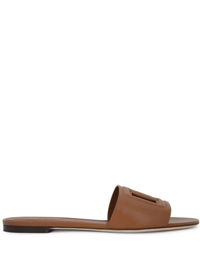 Dolce & Gabbana Logo Cutout Leather Sandals In Brown