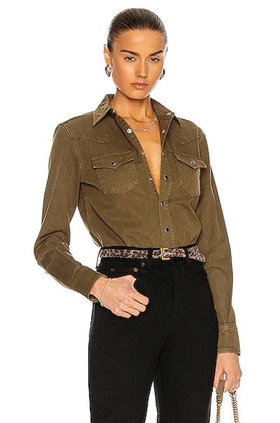 Saint Laurent Flap-pocket Denim Shirt In Khaki Stone Wash