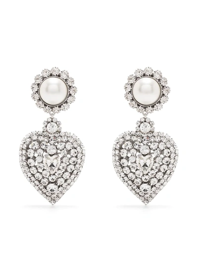 Alessandra Rich Crystal Heart Pearl Embellished Earrings In Silver