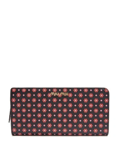Miu Miu Floral-print Zip-around Leather Wallet In Black Red