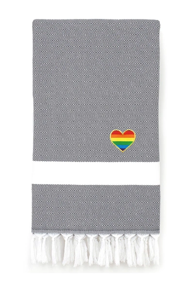 Linum Home 100% Turkish Cotton Diamond Cheerful Rainbow Heart Pestemal Beach Towel In Grey