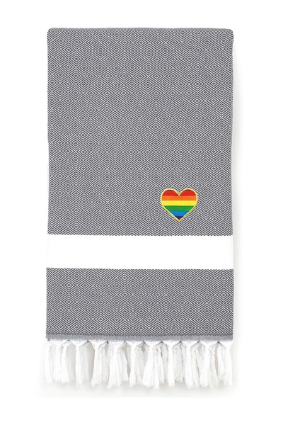 Linum Home Textiles 100% Turkish Cotton Diamond Cheerful Rainbow Heart Pestemal Beach Towel In Grey