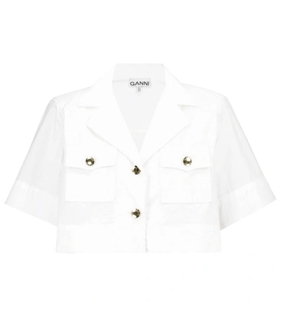 Ganni Cotton Poplin Cropped Shirt In White