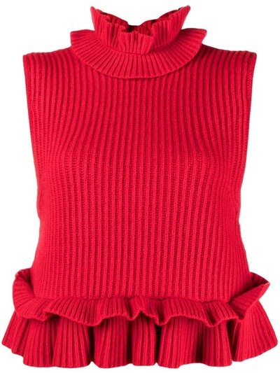 Ganni Ruffled Sleeveless Rib Knit Top In Red ModeSens