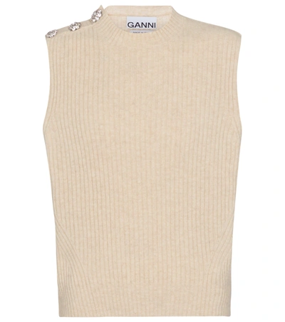 Ganni Crystal-button Ribbed Recycled-wool Vest In Beige