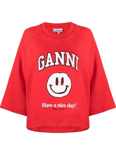 Ganni Smiley-print Cotton-blend Jersey Sweatshirt In Red