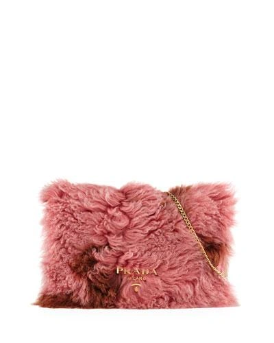 Prada Shearling Fur Flap Chain Shoulder Bag In Pink/brown