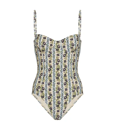 Tory Burch Striped Floral-print Underwired Swimsuit In Multi