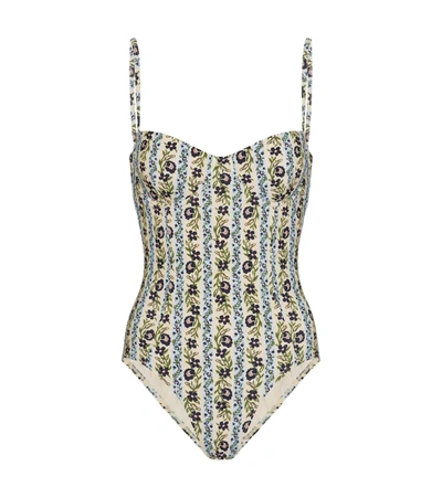 Tory Burch Striped Floral-print Underwired Swimsuit In Light Blue