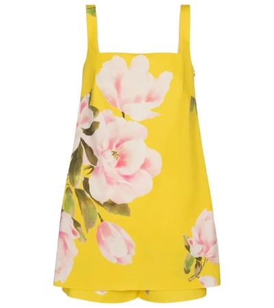 Valentino Peonia-print Cotton-blend Satin Playsuit In Yellow,pink,green