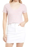 Caslonr Rounded V-neck T-shirt In White- Pink B Brooke Stripe