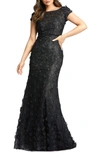 Mac Duggal Floral Applique Boat Neck Short Sleeve Gown In Black