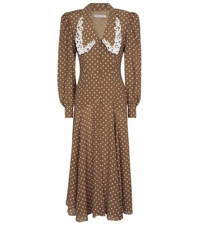 Alessandra Rich Polka Dot Dress With Embroidered Collar In Brown