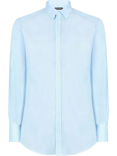 Dolce & Gabbana Linen Martini-fit Shirt With Dg Embroidery In Azure