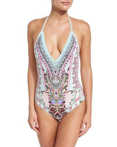 Camilla Plunging Halter Crochet Embellished One-piece Swimsuit In Multi