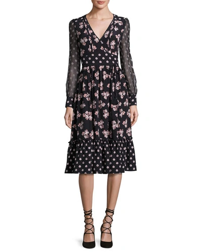 Kate Spade Long-sleeve Floral Silk Midi Dress, Black | ModeSens