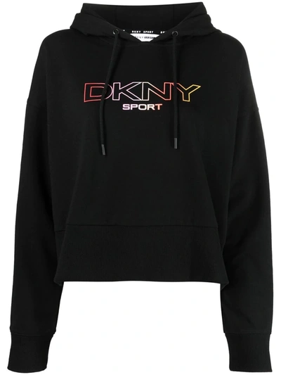 Dkny Ombre-logo Cropped Hoodie In Black