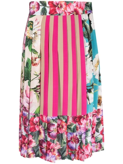 Dolce & Gabbana Mixed-print Pleated Silk Skirt In Fuchsia,pink,light Blue