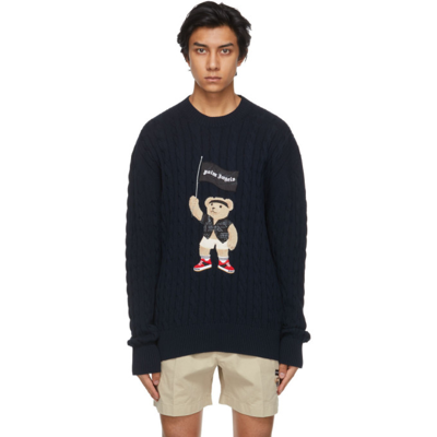 Palm Angels Pirate Bear Cotton Cable Knit Jumper In Blue