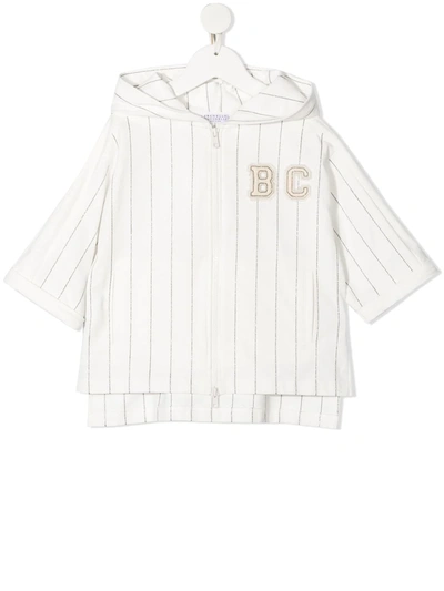 Brunello Cucinelli Kids' Logo-patch Striped Zip-up Hoodie In White