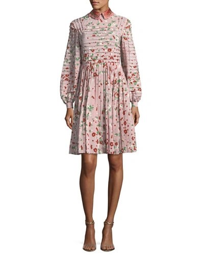 Valentino Long-sleeve Floral-print Silk Dress In Pink Pattern