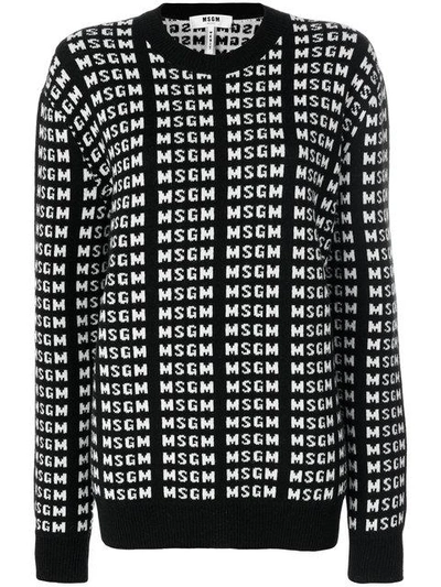 Msgm Black Intarsia Logo Sweater In Black & White