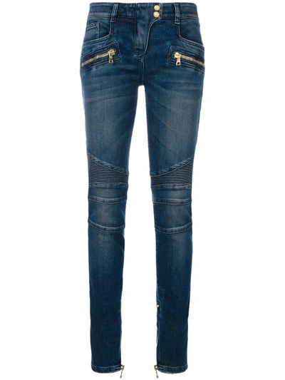 Balmain Stonewashed Denim Biker Jeans In Blue