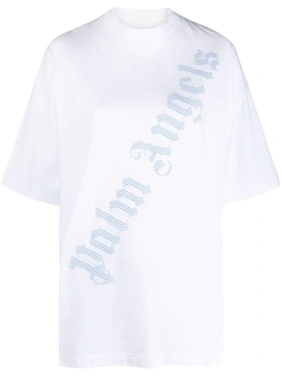 Palm Angels Stripe Diagonal Logo Oversize Graphic Tee In White
