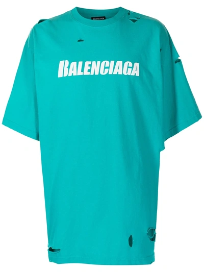 Balenciaga Kids' Blue Caps Destroyed Flatground T-shirt In Green