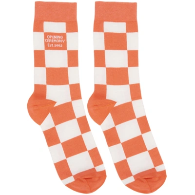 Opening Ceremony White & Pink Check Box Logo Socks In White Coral
