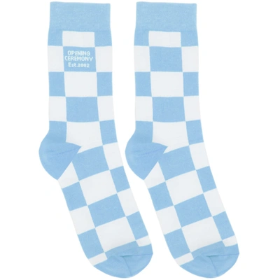 Opening Ceremony White & Blue Check Box Logo Socks In White Sky