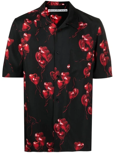 Alexander Wang Heart Print Hawaiian Short-sleeve Shirt, Black And Red