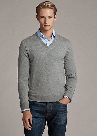 Ralph Lauren Cashmere V-neck Sweater In Classic Light Grey Heathe